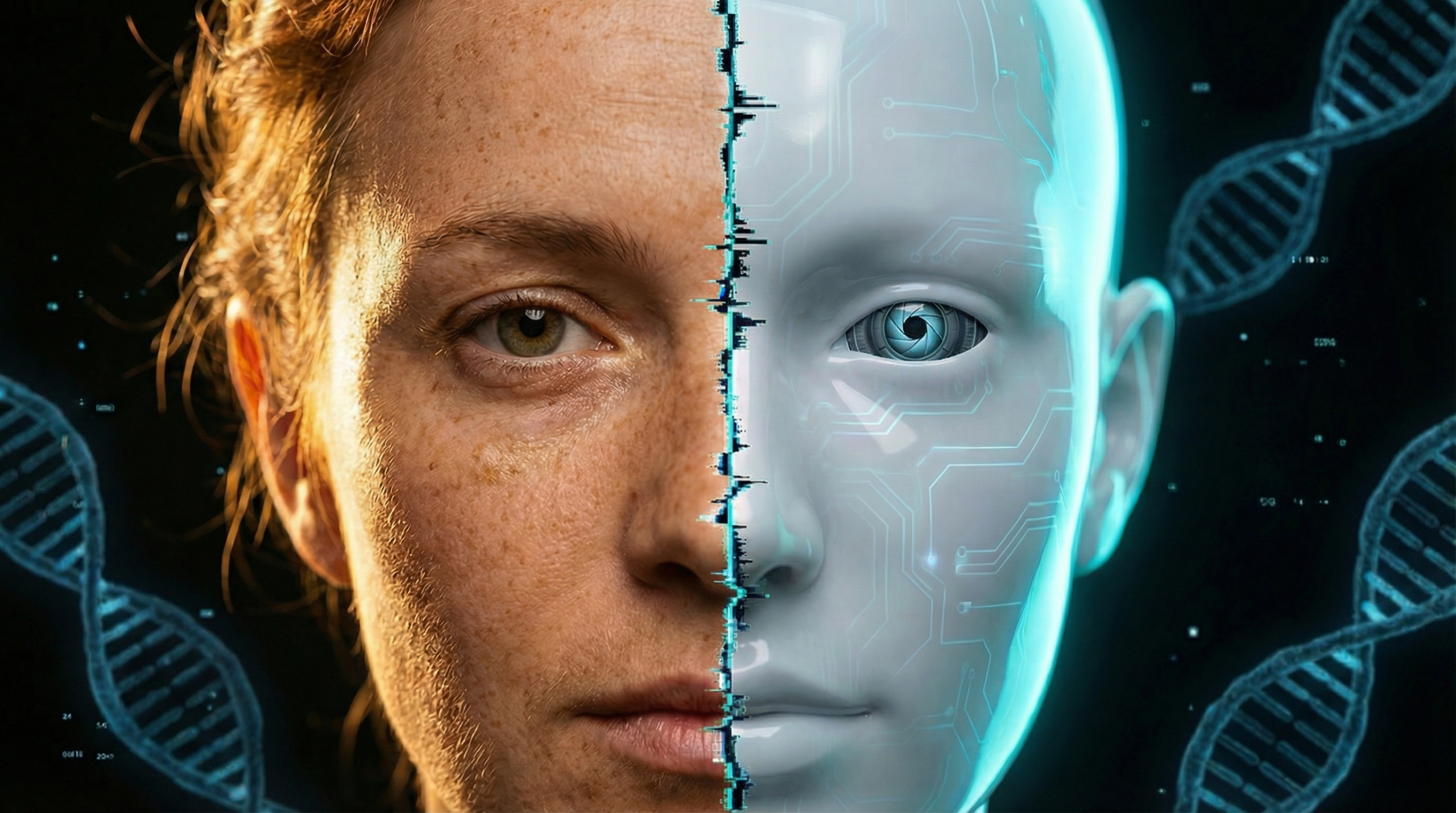 Hyper-realistic split portrait of a human face: left side shows natural skin texture representing unedited DNA, right side shows glowing biometric lines representing CRISPR enhanced genetics.