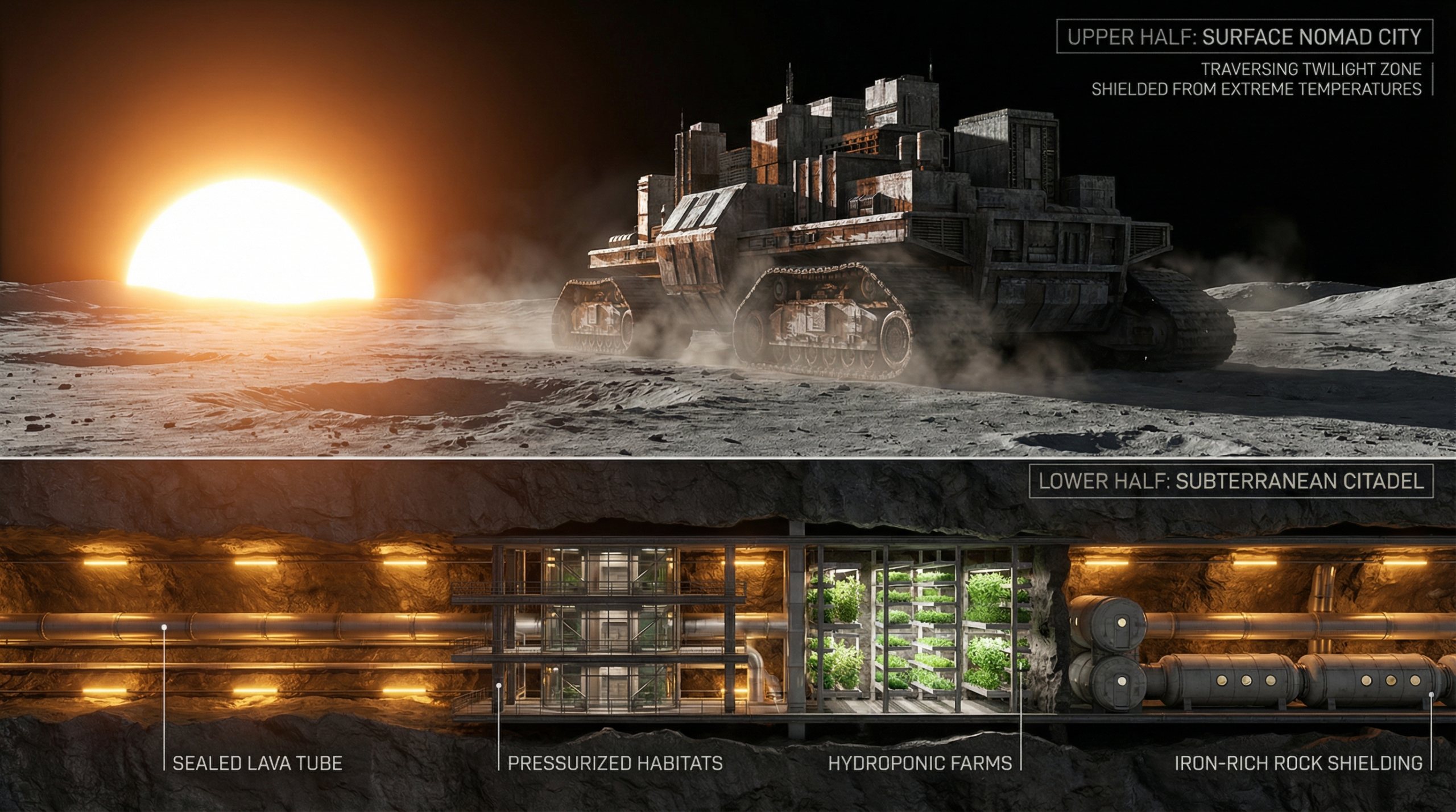 Split-view architectural diagram of Planet Mercury colonization concepts. Top: A massive mobile 'Nomad City' on caterpillar tracks moving across the gray cratered surface to escape the sun. Bottom: A cross-section view of a subterranean base built inside sealed volcanic lava tubes, showing artificial lighting and pressurized habitats protected by the planet's crust.