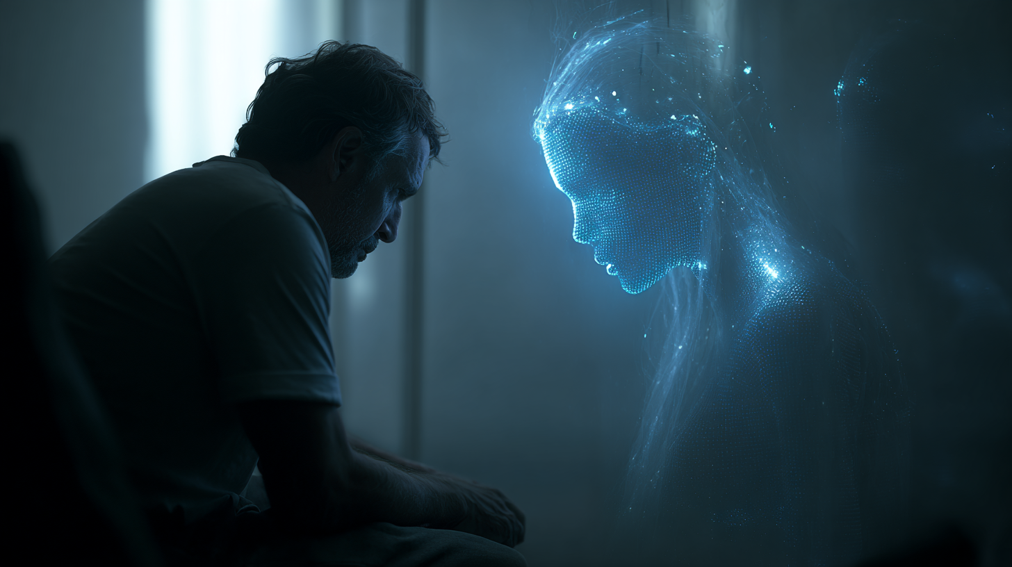 A cinematic image in shades of blue showing the profile of a middle-aged man sitting in a dark environment, gazing melancholically at an ethereal and luminous female figure made of data particles and blue light (AI), symbolizing loneliness and digital connection.