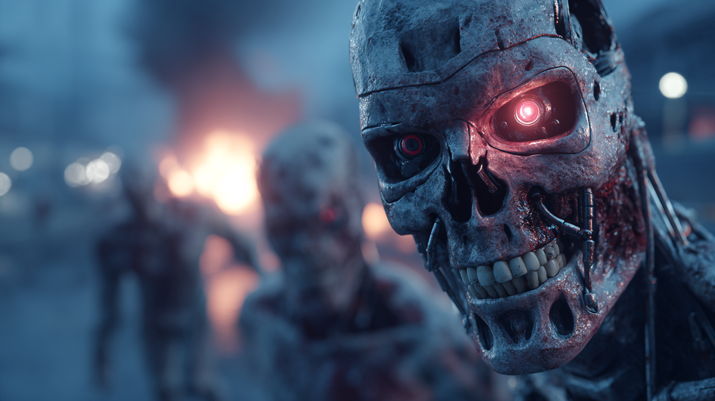 Cinematic close-up of a humanoid robot with a metallic skull-like appearance, worn texture, and a bright red eye, resembling a robotic zombie in a burning city background.