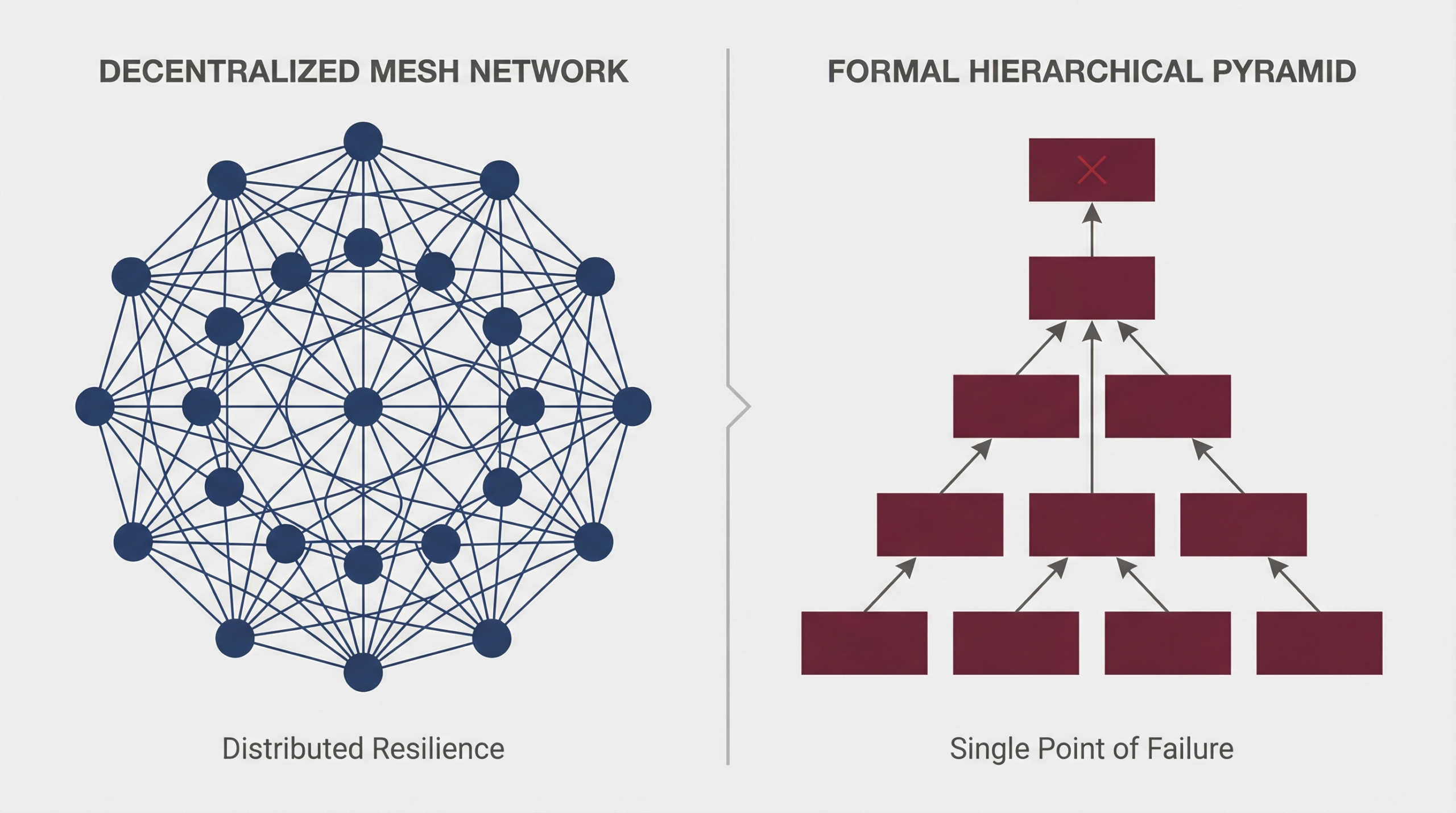 Minimalist diagram comparing two organizational structures. On the left, a decentralized mesh network in dark blue representing resilience. On the right, a centralized hierarchical pyramid in brown with a red 'X' at the top, indicating a single point of failure.