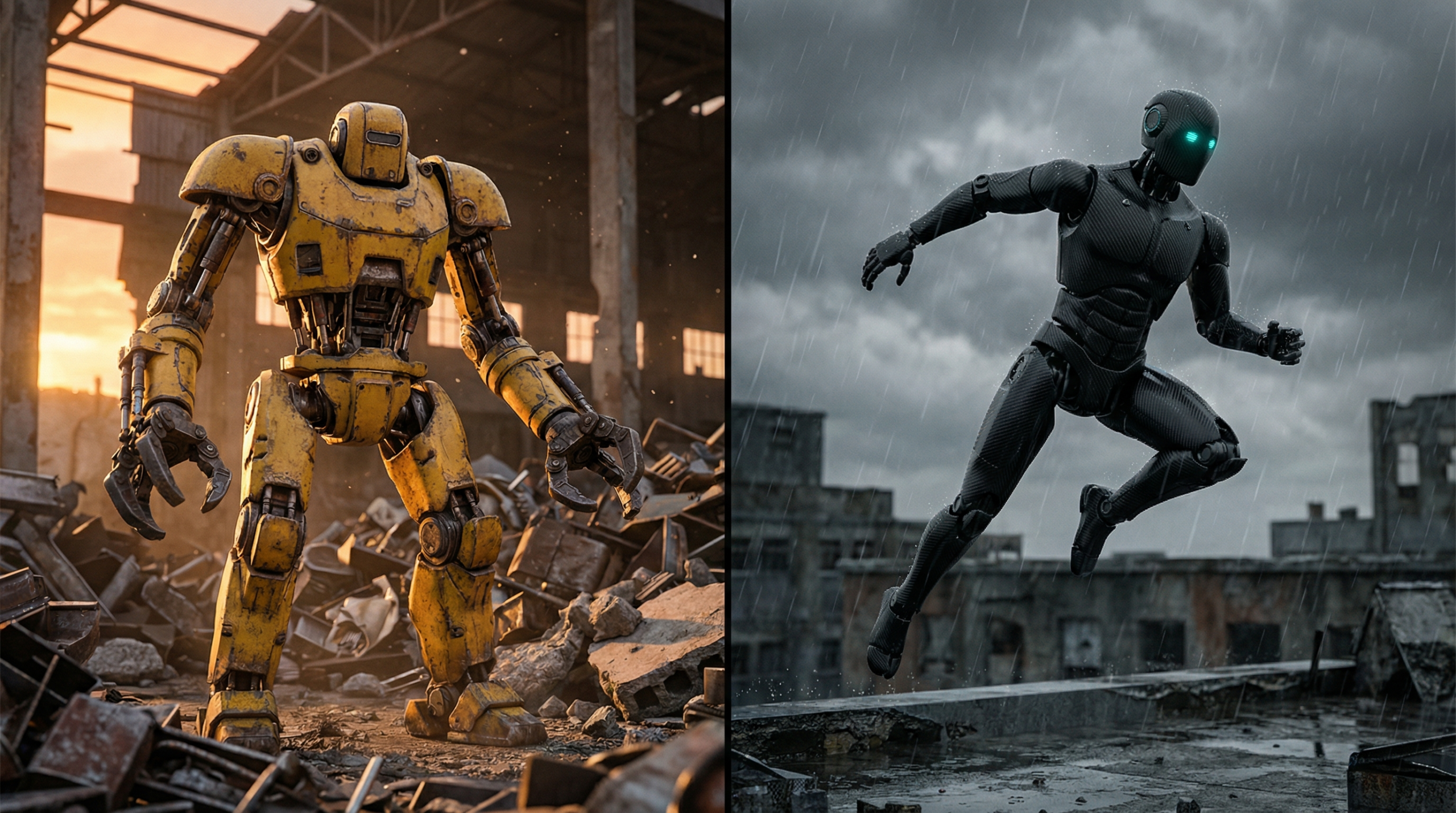 A side-by-side comparison of two humanoid robots in an apocalyptic urban setting: on the left, a robust yellow industrial robot (model TK-40) and, on the right, an agile and aerodynamic black military robot (model Atlas-X) leaping over ruins.
