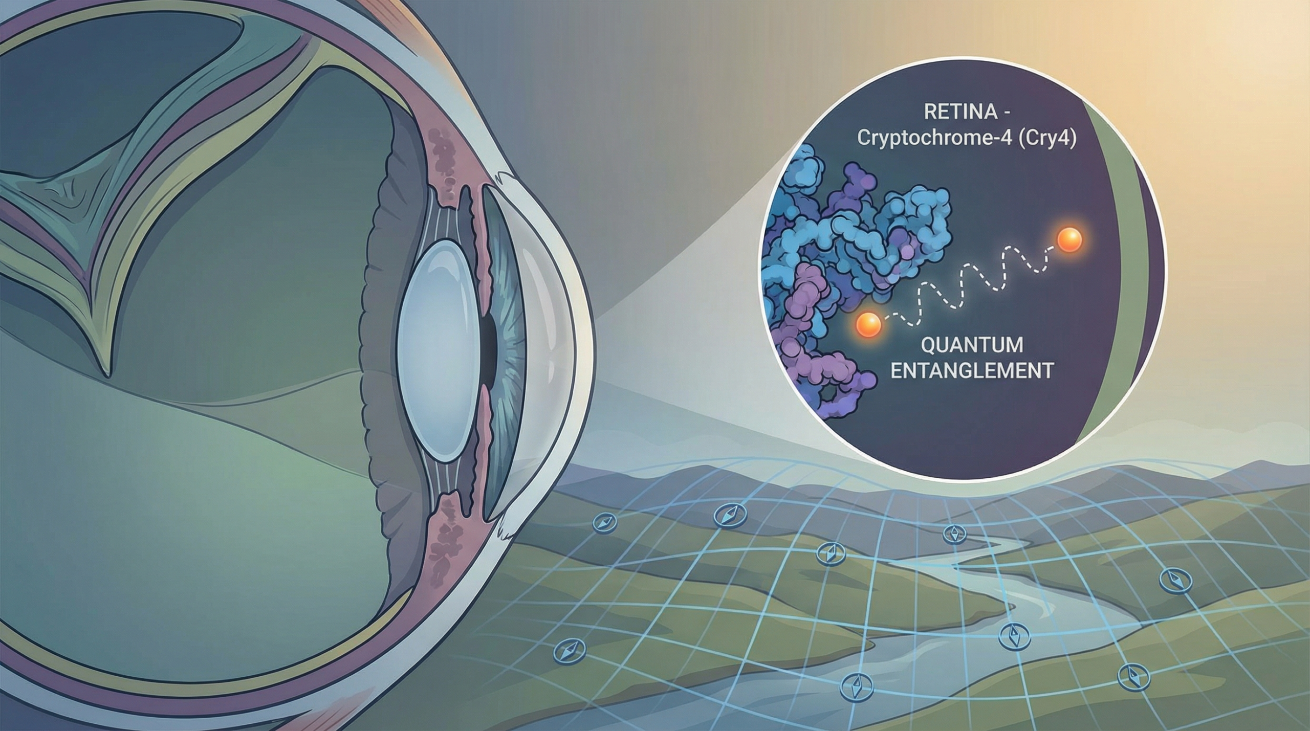 Diagram of a bird's retina showing cryptochrome protein and entangled electrons reacting to Earth's magnetic field, creating a quantum visual map.
