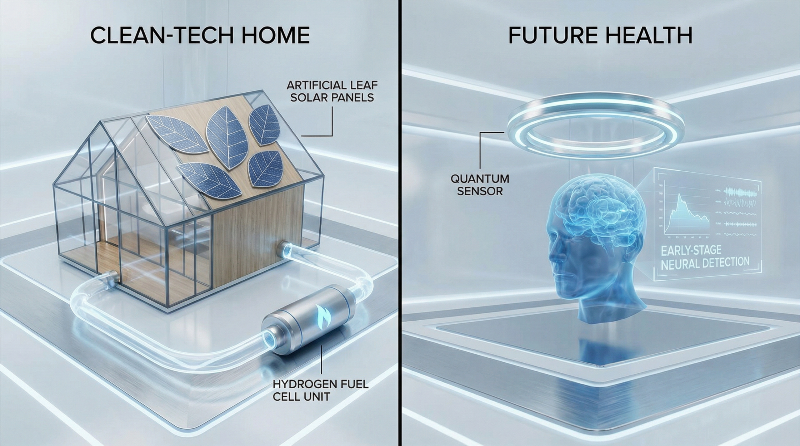 Composite image showing artificial leaf panels in a sustainable house and a quantum medical sensor detecting early neurological signals in a human brain.