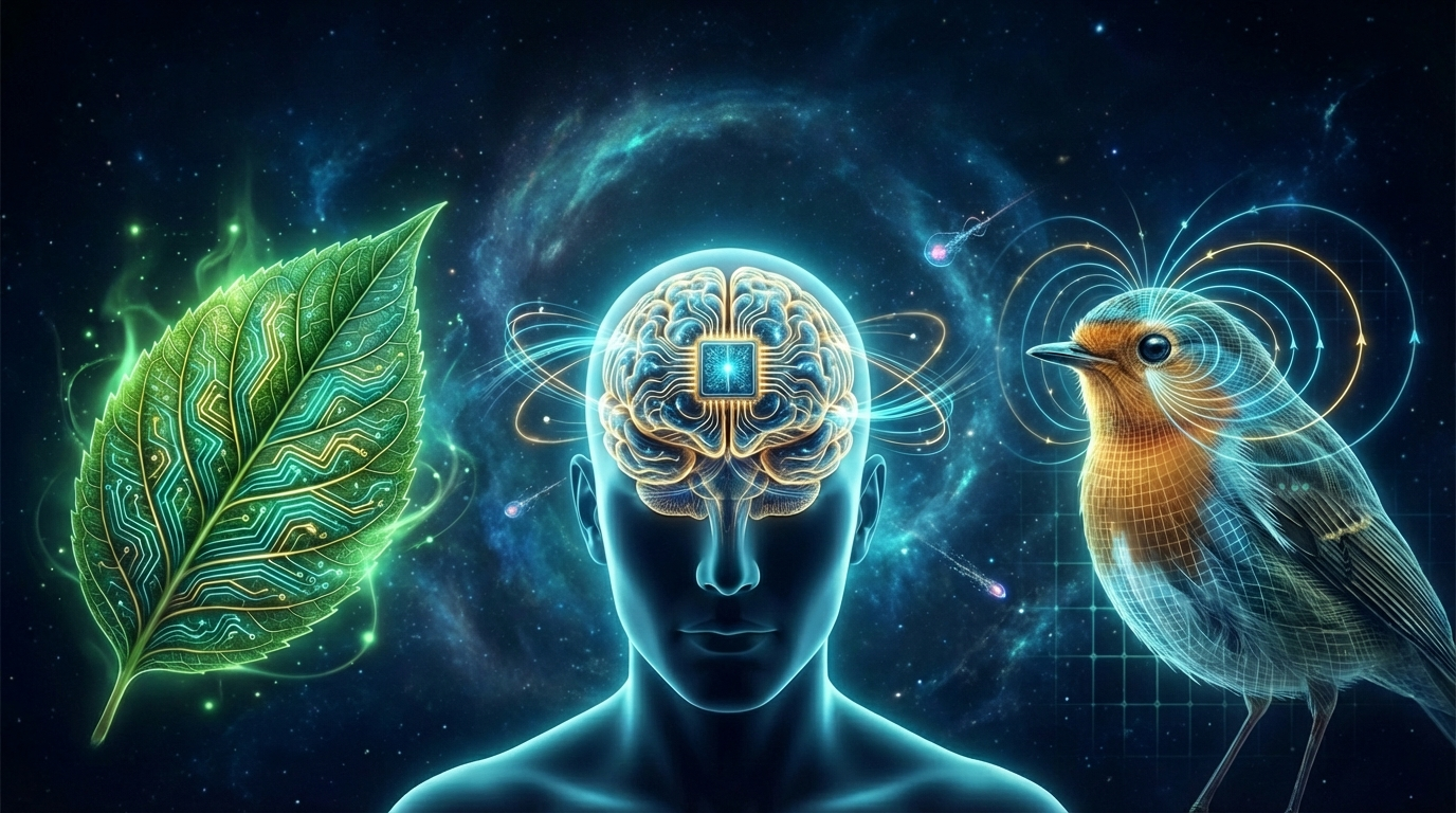 An artistic composition of a quantum human brain, a leaf with biological circuits, and a bird navigating magnetic fields, representing the union between biology and quantum technology.