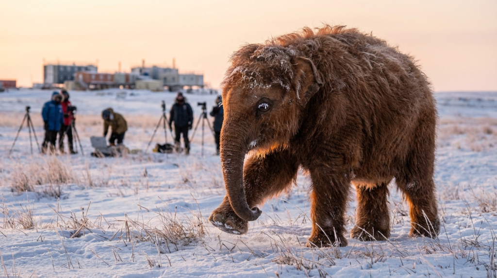A hyper-realistic young woolly mammoth walking through the snowy Alaskan tundra, with a scientific research base and climate scientists in the background, representing de-extinction and climate change efforts.