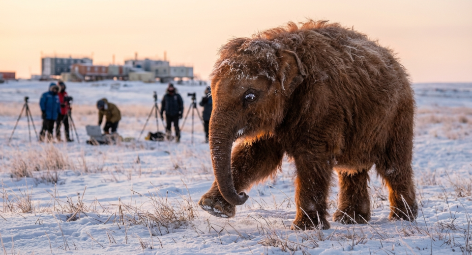 A hyper-realistic young woolly mammoth walking through the snowy Alaskan tundra, with a scientific research base and climate scientists in the background, representing de-extinction and climate change efforts.