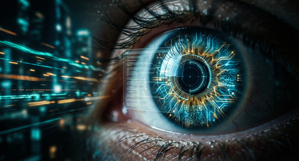 Macro close-up of a human eye with the iris fused to glowing digital circuits and a QR code pattern integrated into the biological texture. Beams of blue and amber light traverse the scene, symbolizing the digitization of human identity.