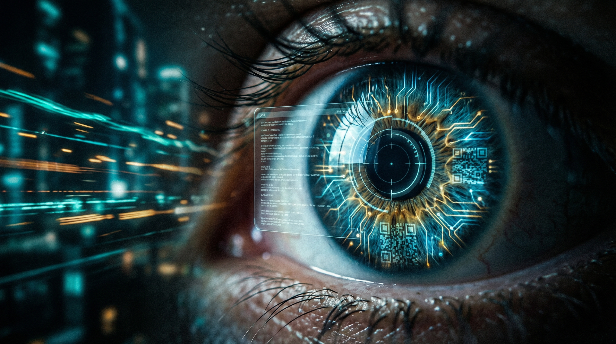 Macro close-up of a human eye with the iris fused to glowing digital circuits and a QR code pattern integrated into the biological texture. Beams of blue and amber light traverse the scene, symbolizing the digitization of human identity.