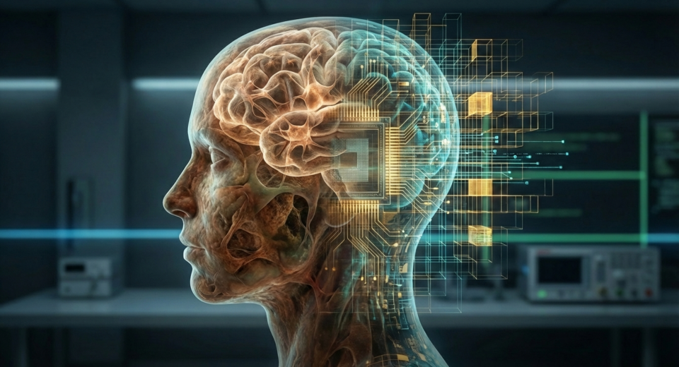 Conceptual visualization of digital consciousness and matrix reality: the fusion of biological neural networks with quantum computing architecture and data flows.
