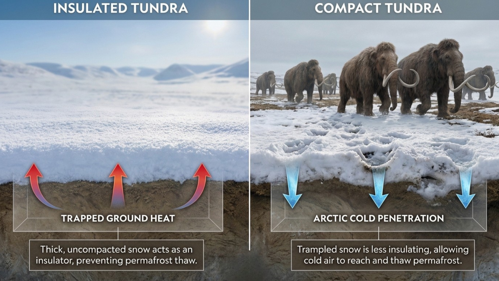 A split-screen comparison showing how woolly mammoths compact Arctic snow to prevent permafrost melt, illustrating de-extinction and climate change mitigation.