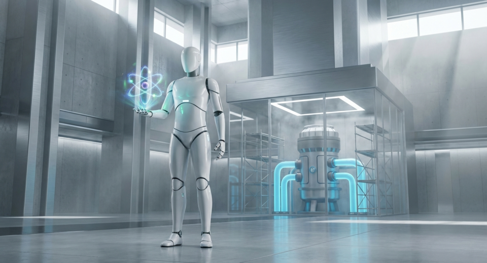 A minimalist white humanoid robot holding a glowing holographic atom in a futuristic industrial setting with a Small Modular Reactor (SMR) in the background.