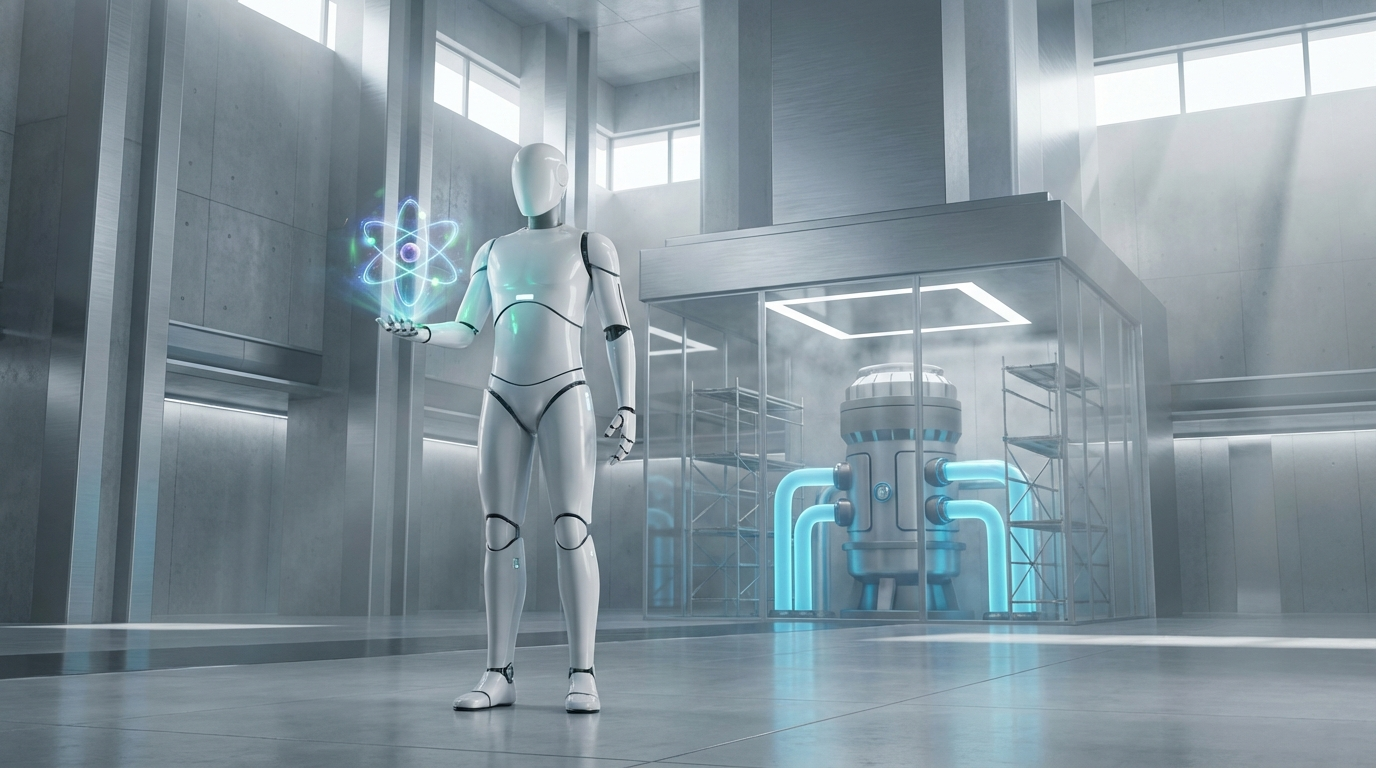 A minimalist white humanoid robot holding a glowing holographic atom in a futuristic industrial setting with a Small Modular Reactor (SMR) in the background.