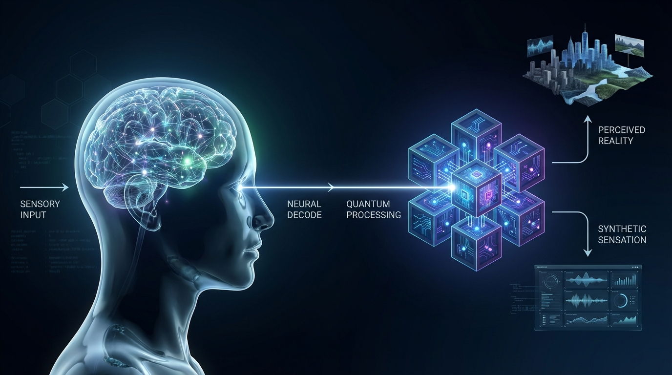Technical-scientific infographic showing the processing flow of a brain-computer interface (BCI). On the left, a translucent human skull with illuminated neural networks; on the right, a quantum processor represented by isometric cubes interconnected by data beams.
