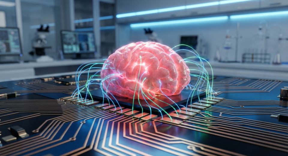 Representation of human biocomputing with a brain organoid connected to electronic circuits.
