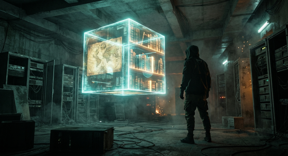 Personal Knowledge Ark for digital survival in a grid-down future, dark futurism style.