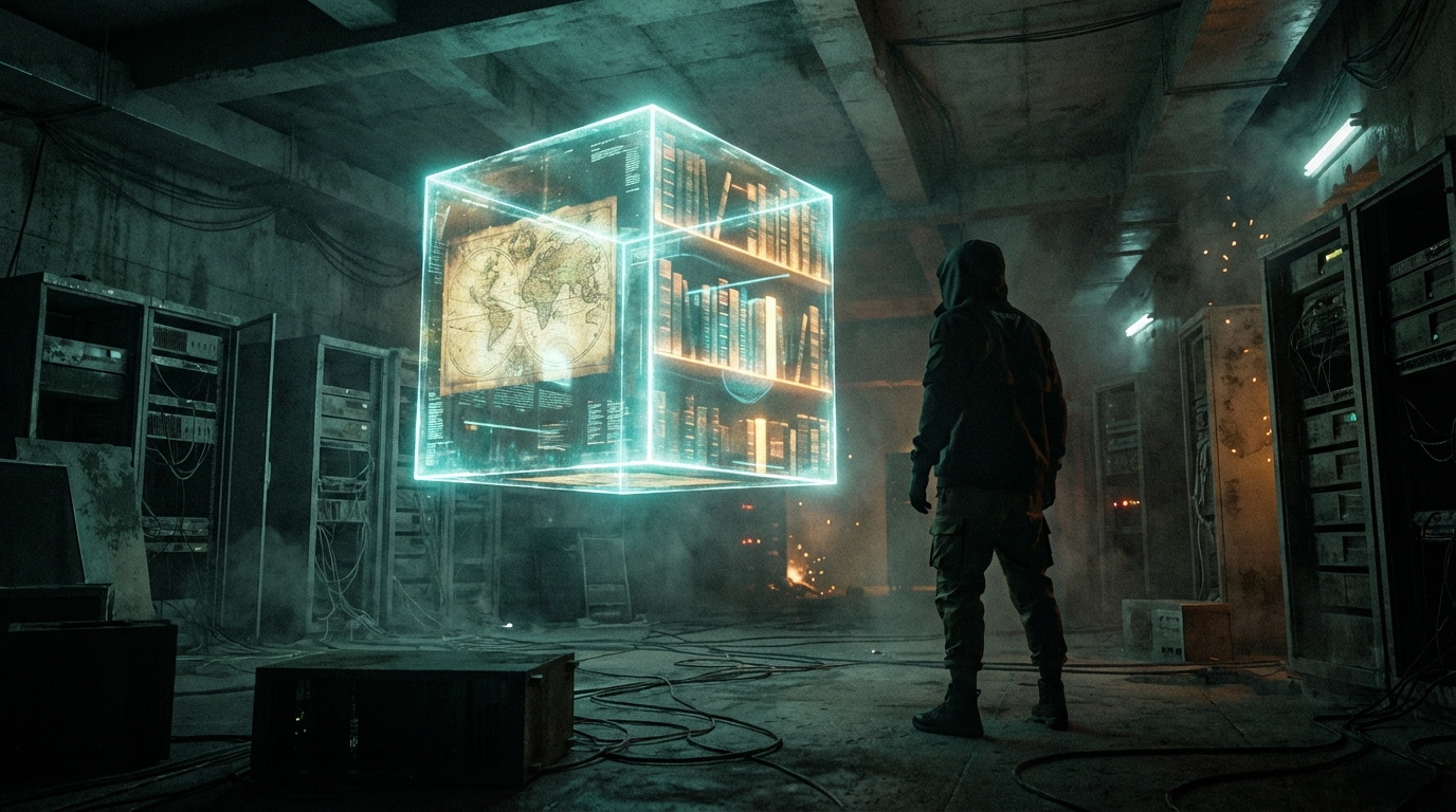 Personal Knowledge Ark for digital survival in a grid-down future, dark futurism style.