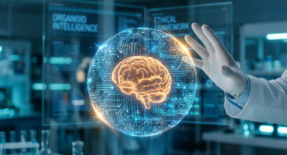 A human brain organoid protected by a digital shield of light and circuits in a futuristic laboratory, symbolizing the Declaration of Rights of Organoids and ethics in biocomputing.