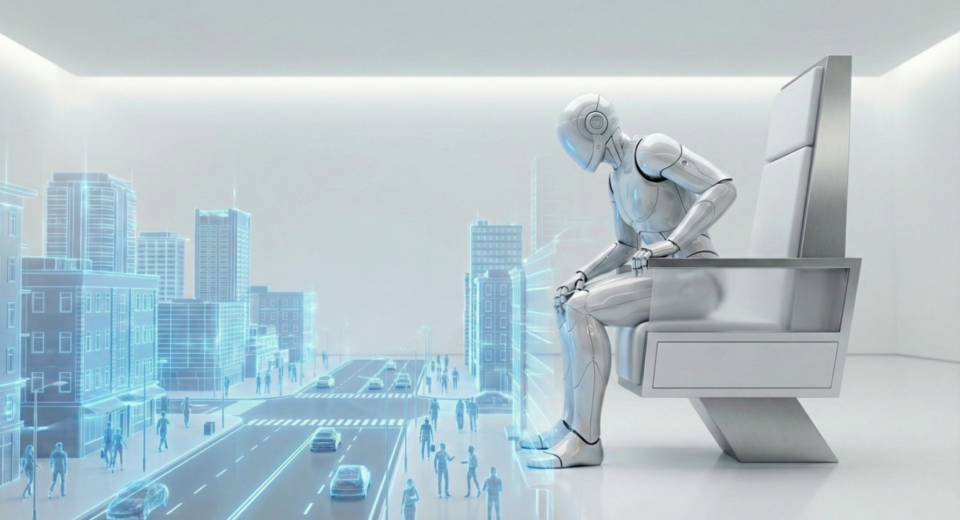 A sleek white humanoid robot sitting in a high-tech judicial chair, looking down at a holographic blueprint of a digital smart city with blue data streams.