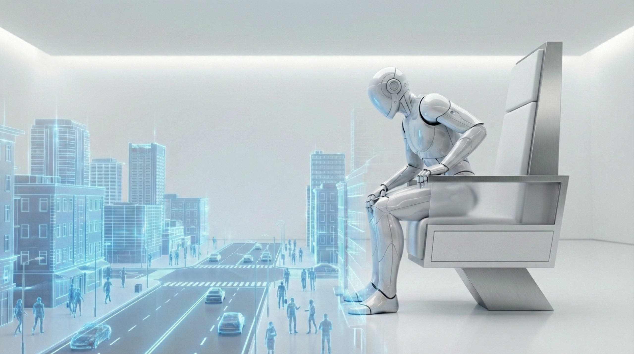 A sleek white humanoid robot sitting in a high-tech judicial chair, looking down at a holographic blueprint of a digital smart city with blue data streams.