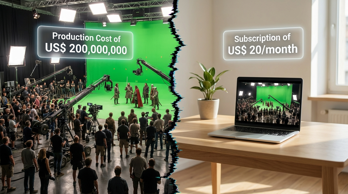 Image split in half: on the left, a dark industrial data center with the text "$200,000,000"; on the right, a modern laptop on a wooden table with the text "$20".