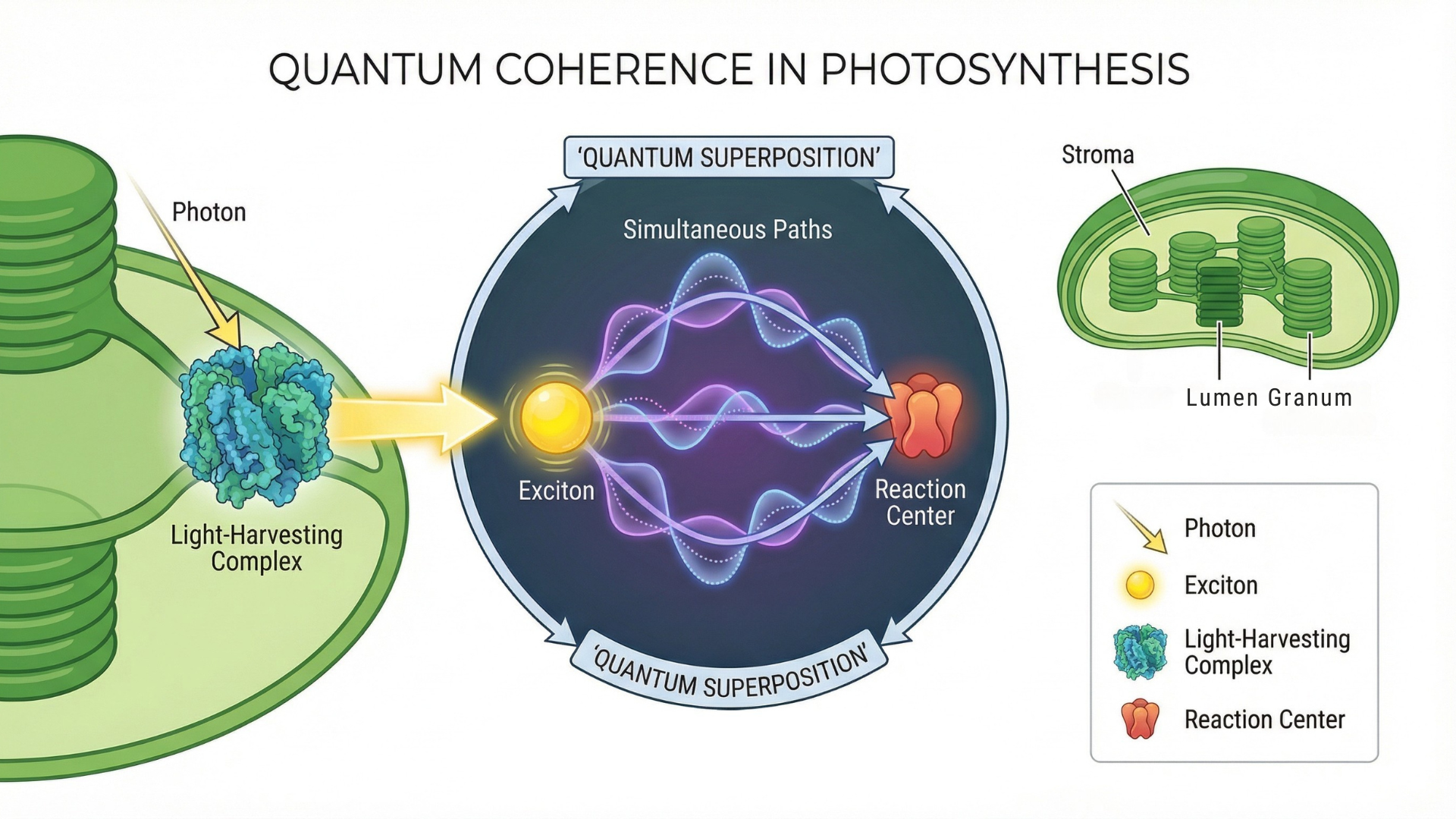 Scientific infographic demonstrating the quantum superposition of an exciton exploring multiple simultaneous pathways in a plant cell to reach the reaction center.