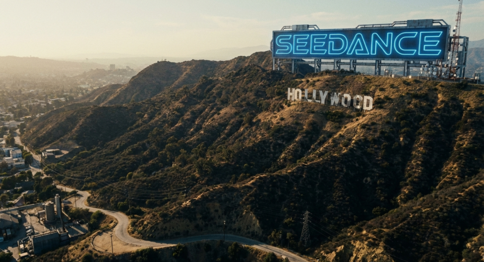 A holographic neon blue sign reading "SeeDance 2.0" shines atop the Hollywood Hills, positioned above the original Hollywood sign which appears broken, old, and in ruins.