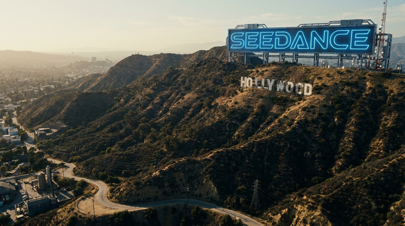 A holographic neon blue sign reading "SeeDance 2.0" shines atop the Hollywood Hills, positioned above the original Hollywood sign which appears broken, old, and in ruins.