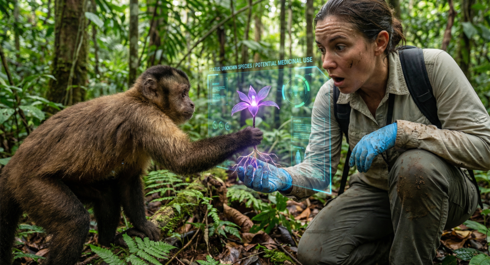 A capuchin monkey handing a rare purple medicinal plant to a surprised female scientist in the rainforest, with a digital AR HUD scanning the plant for medicinal properties.