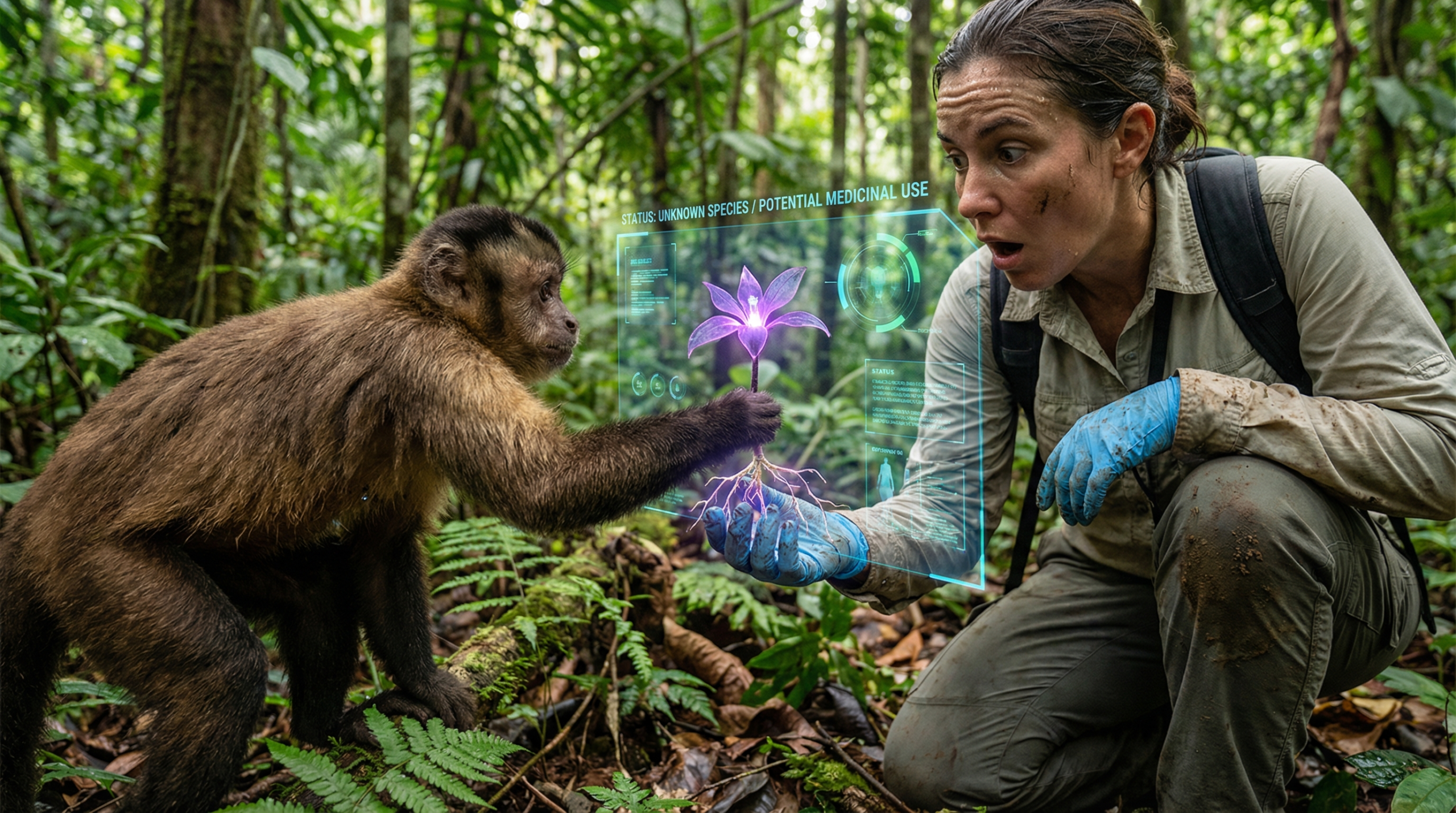A capuchin monkey handing a rare purple medicinal plant to a surprised female scientist in the rainforest, with a digital AR HUD scanning the plant for medicinal properties.