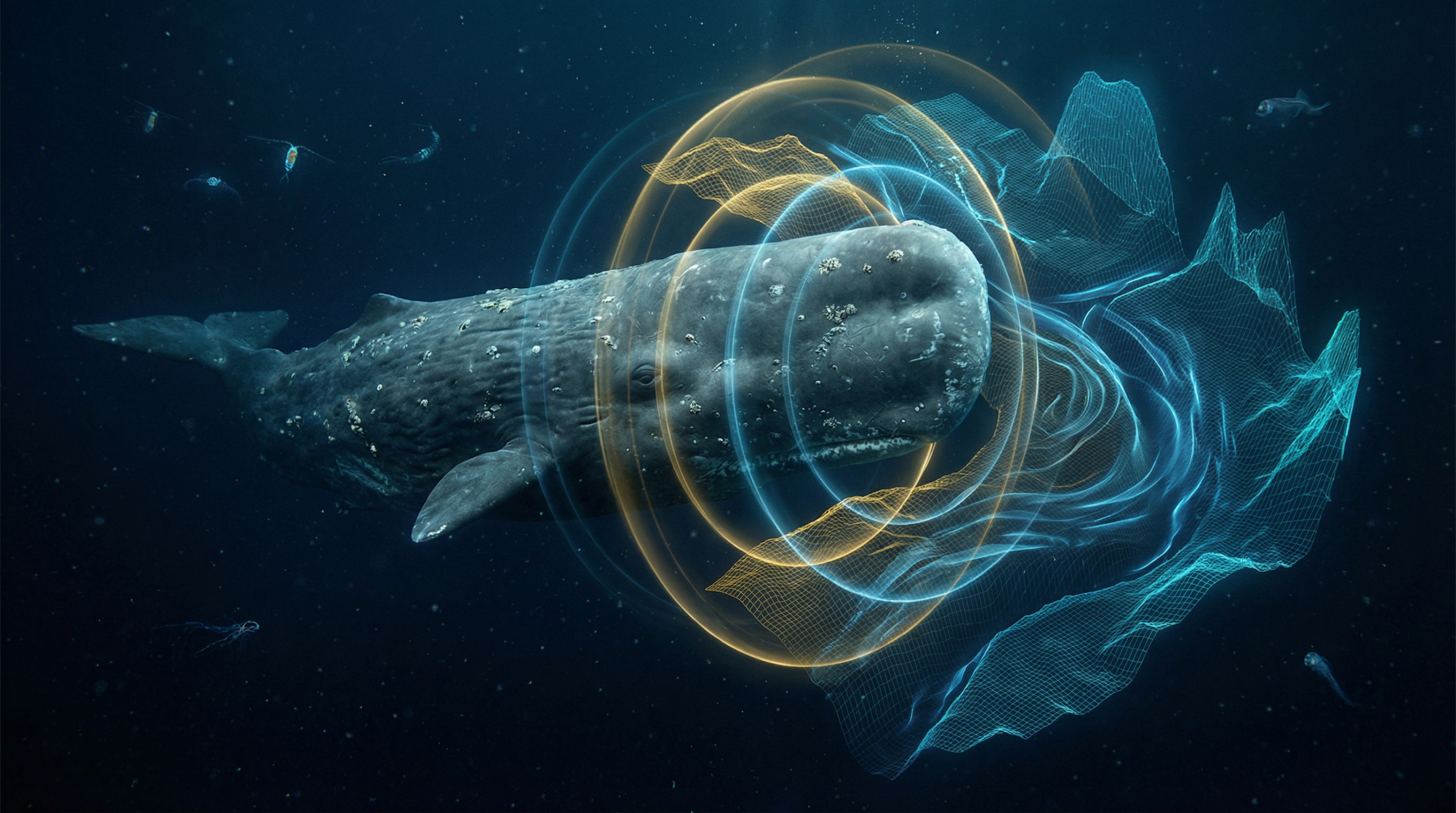Digital visualization of AI decoding sperm whale vocalizations with golden sonar waves and blue data wireframes in the deep ocean.