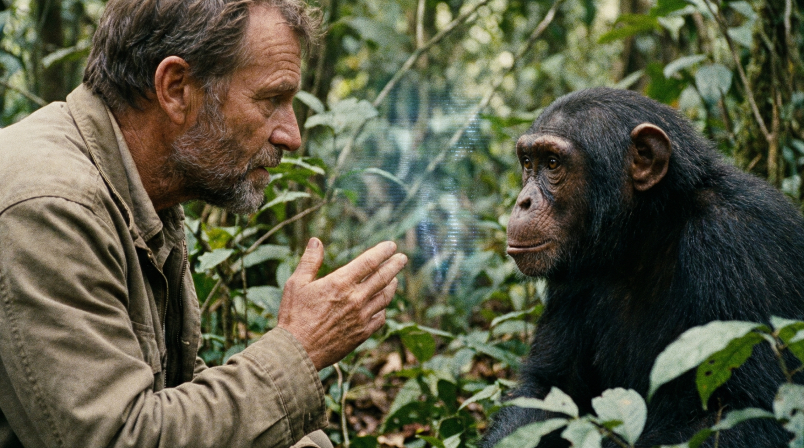 Close-up of an elderly man looking into the eyes of a chimpanzee in a dense jungle, with a faint digital holographic interface shimmering between them, symbolizing AI interspecies communication.